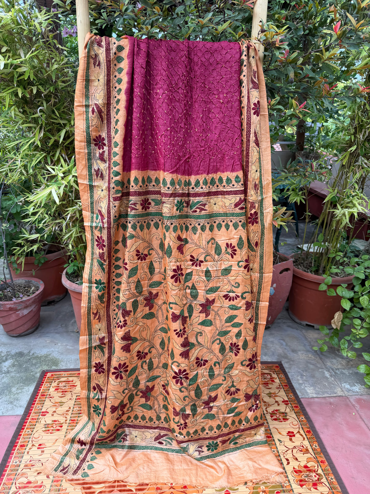 Tussar hand-knotted Bandhini with kantha embroidery