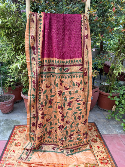 Tussar hand-knotted Bandhini with kantha embroidery
