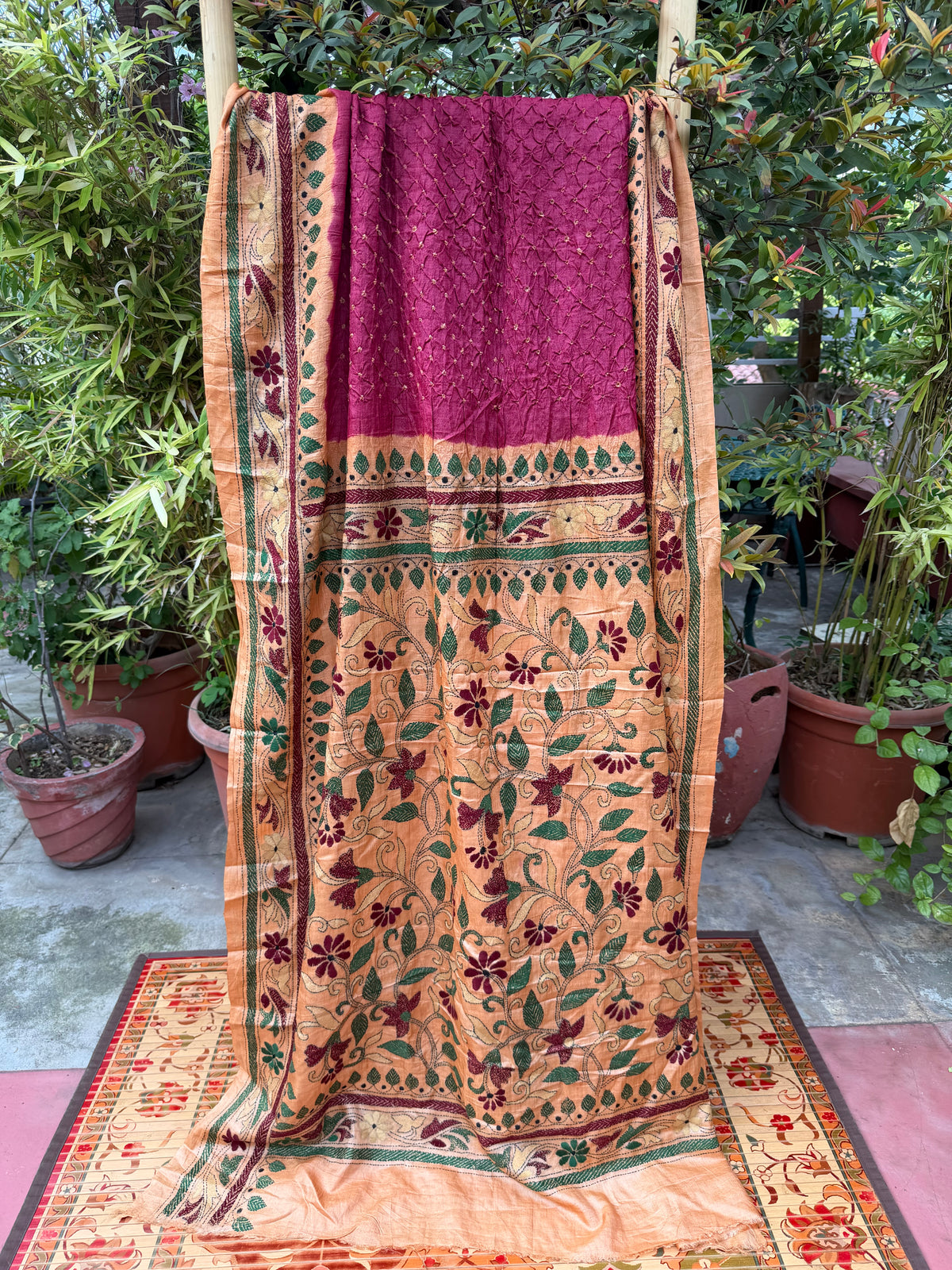 Tussar hand-knotted Bandhini with kantha embroidery