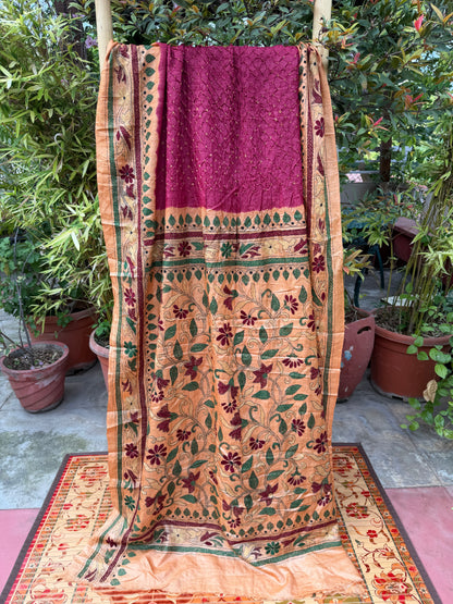 Tussar hand-knotted Bandhini with kantha embroidery