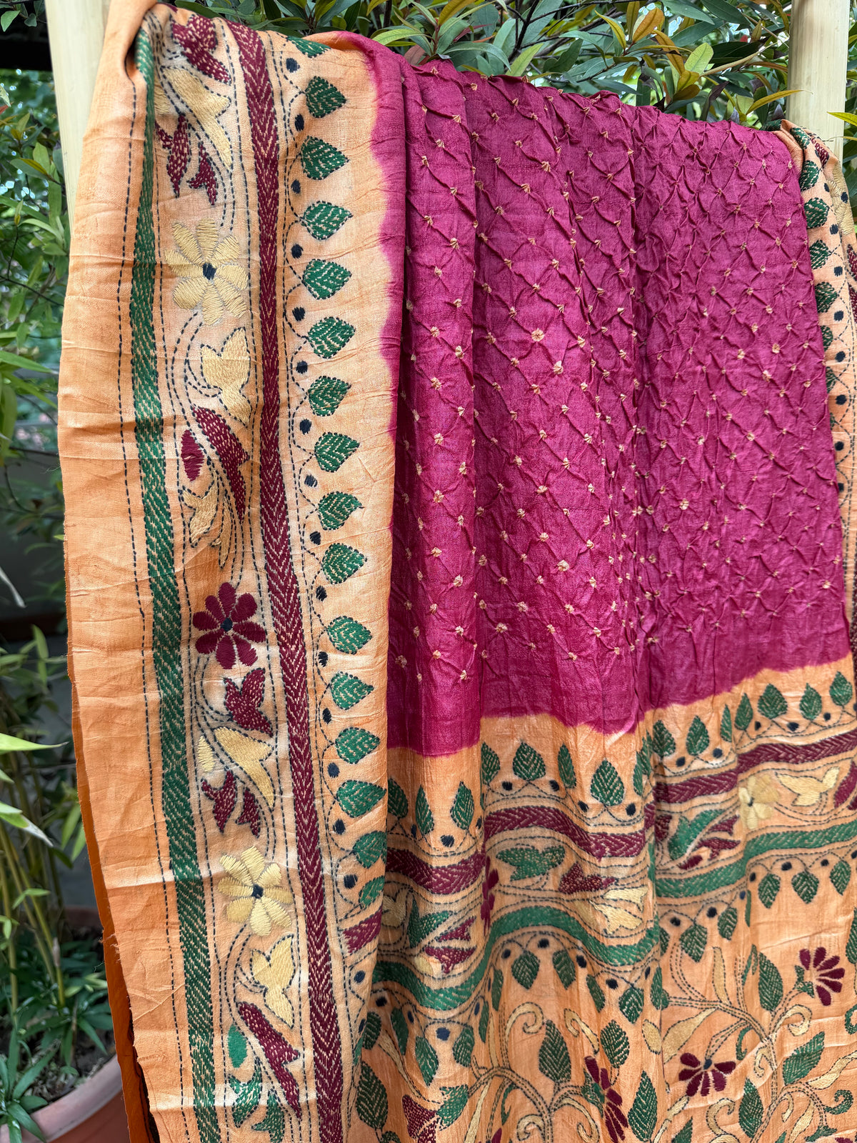 Tussar hand-knotted Bandhini with kantha embroidery