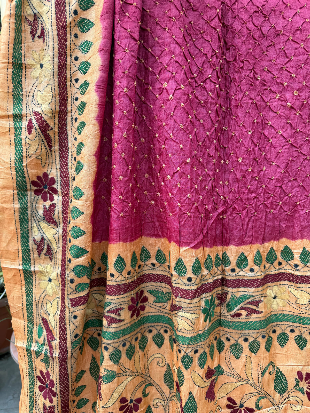Tussar hand-knotted Bandhini with kantha embroidery