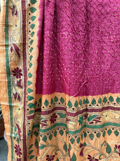 Tussar hand-knotted Bandhini with kantha embroidery