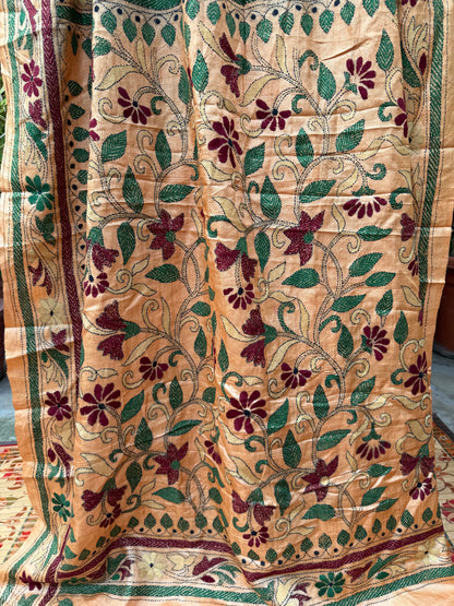 Tussar hand-knotted Bandhini with kantha embroidery