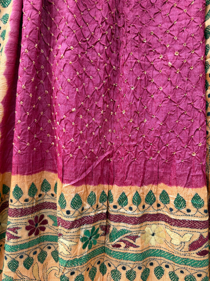 Tussar hand-knotted Bandhini with kantha embroidery