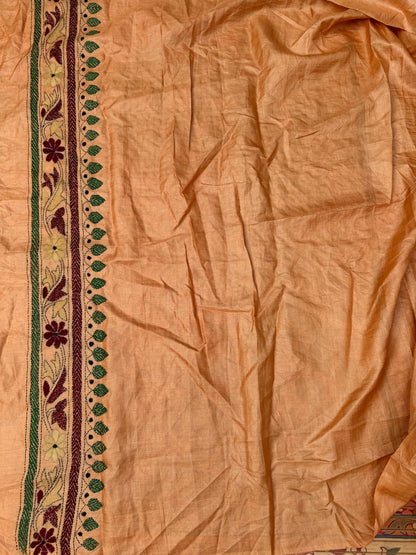 Tussar hand-knotted Bandhini with kantha embroidery