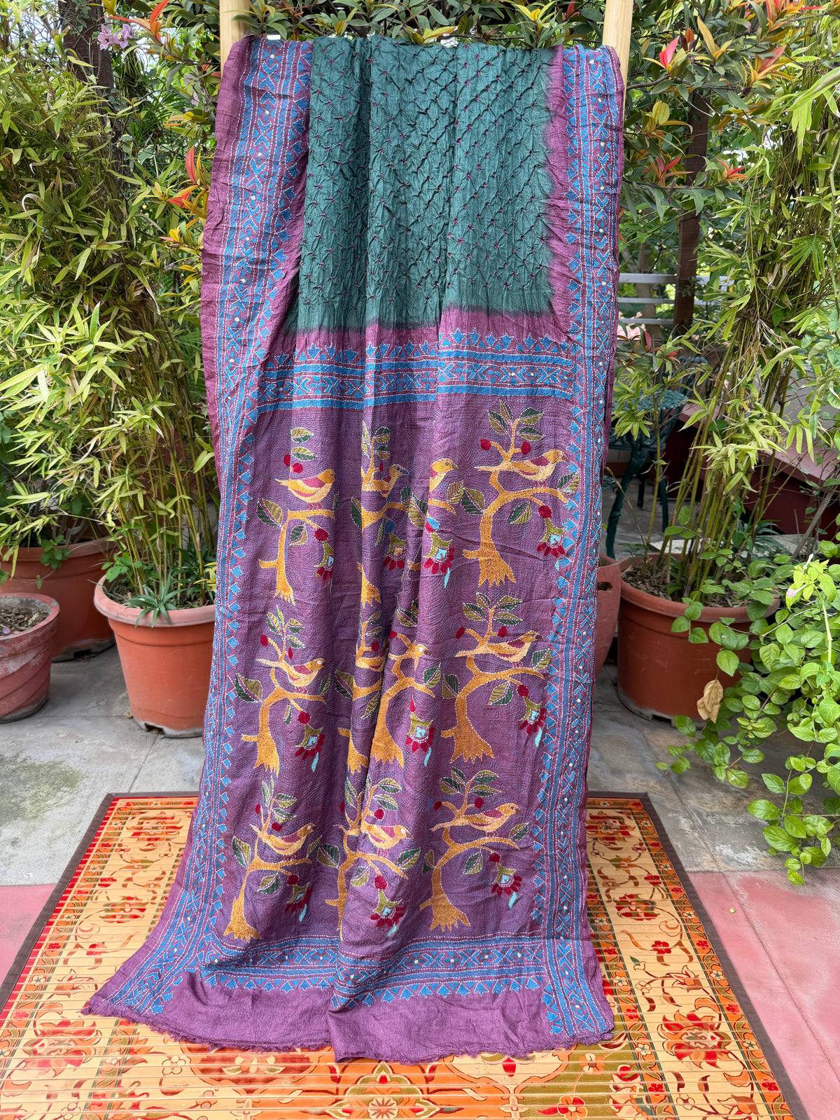 Tussar hand-knotted Bandhini with kantha embroidery