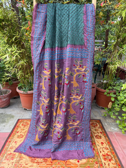Tussar hand-knotted Bandhini with kantha embroidery