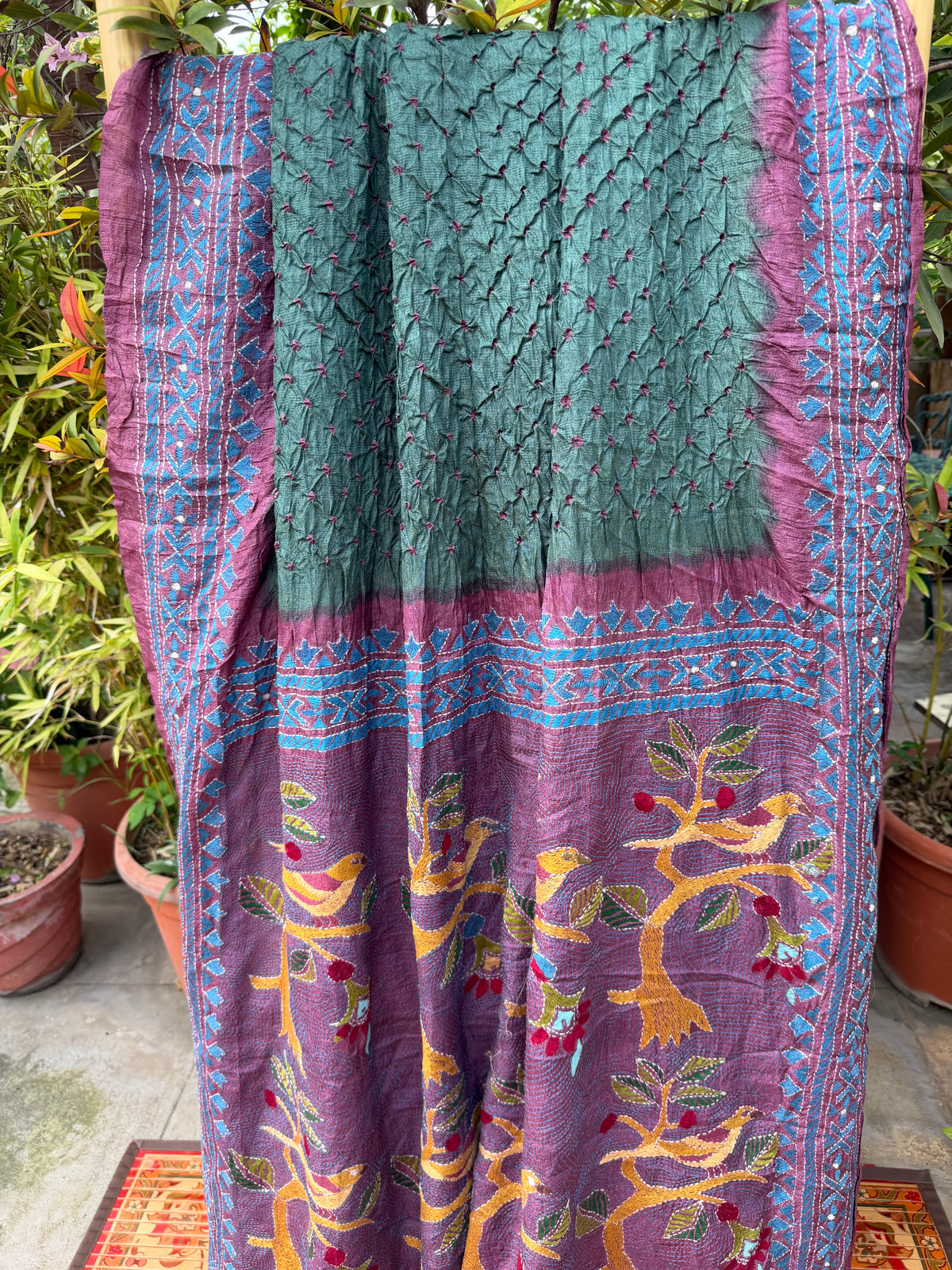 Tussar hand-knotted Bandhini with kantha embroidery
