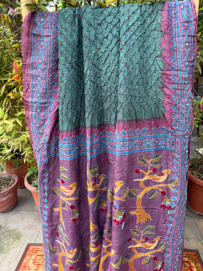 Tussar hand-knotted Bandhini with kantha embroidery