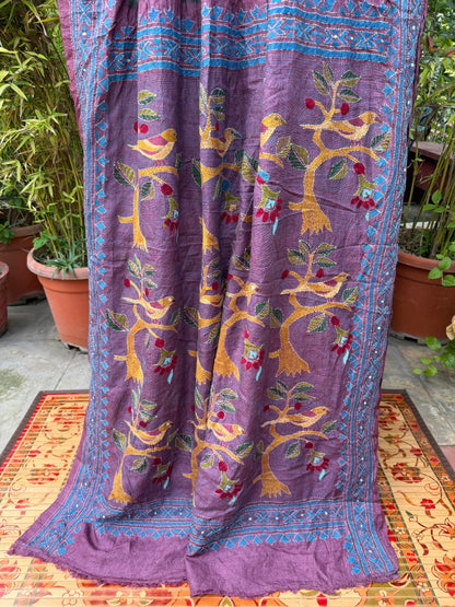 Tussar hand-knotted Bandhini with kantha embroidery