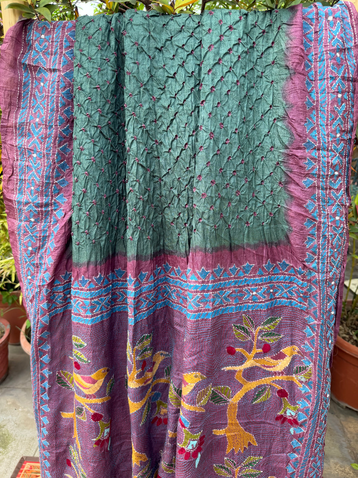 Tussar hand-knotted Bandhini with kantha embroidery