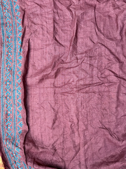 Tussar hand-knotted Bandhini with kantha embroidery