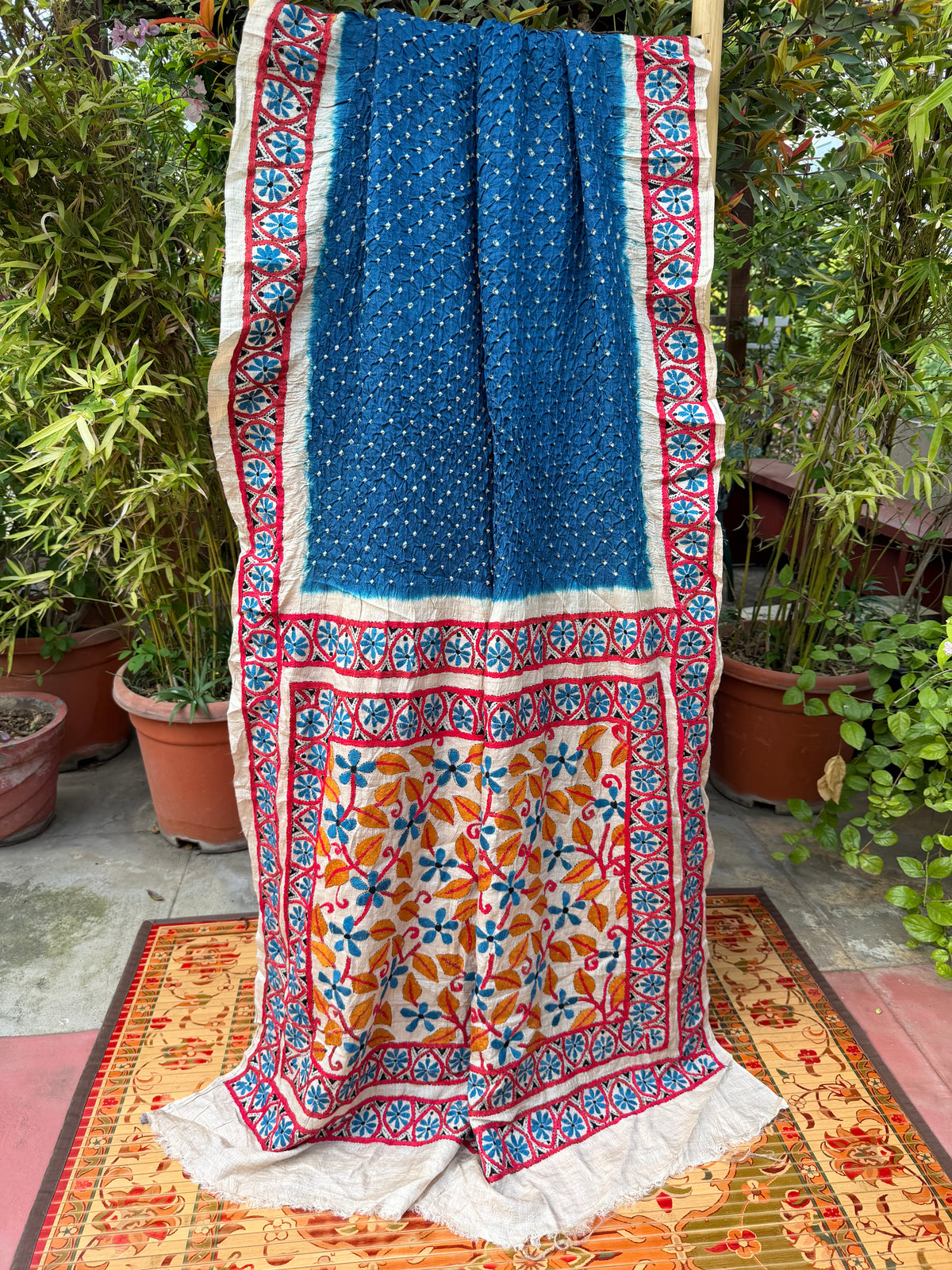 Tussar hand-knotted Bandhini with kantha embroidery