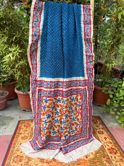 Tussar hand-knotted Bandhini with kantha embroidery