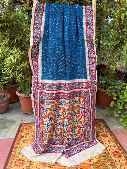 Tussar hand-knotted Bandhini with kantha embroidery