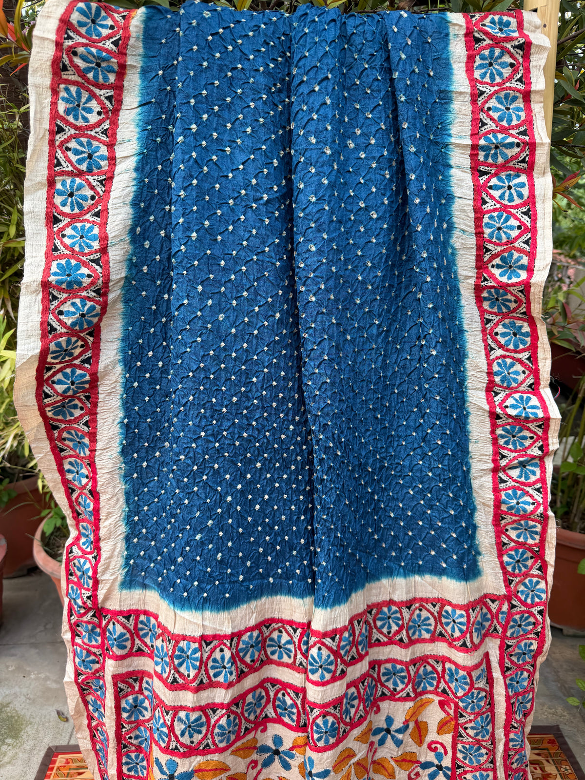Tussar hand-knotted Bandhini with kantha embroidery