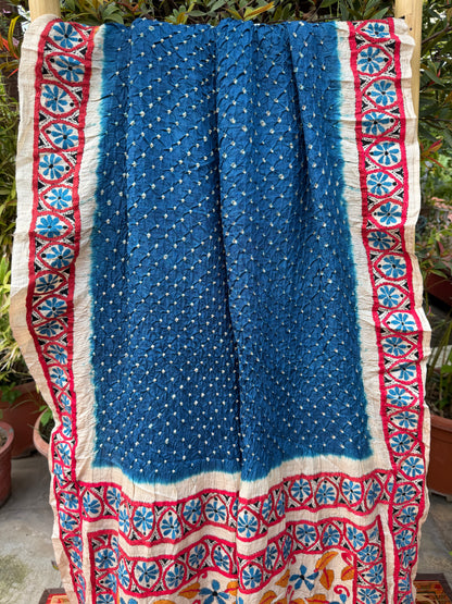 Tussar hand-knotted Bandhini with kantha embroidery