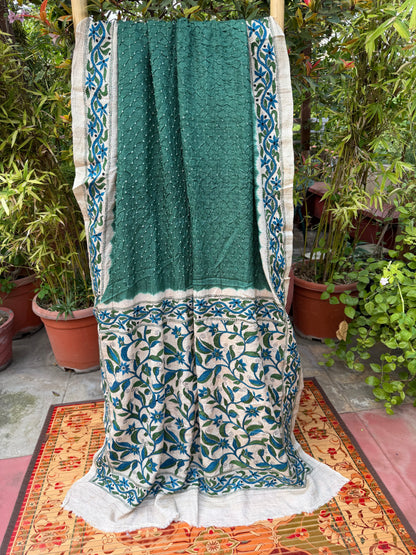 Tussar hand-knotted Bandhini with kantha embroidery