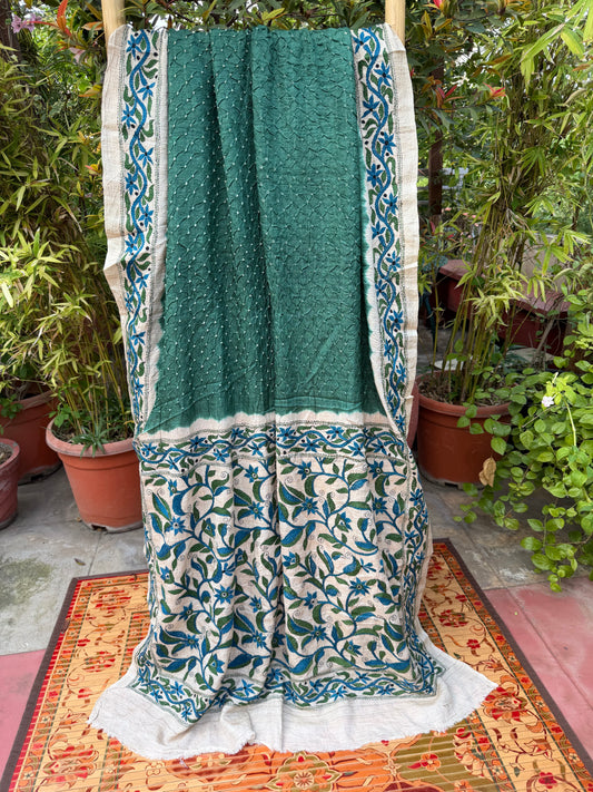 Tussar hand-knotted Bandhini with kantha embroidery