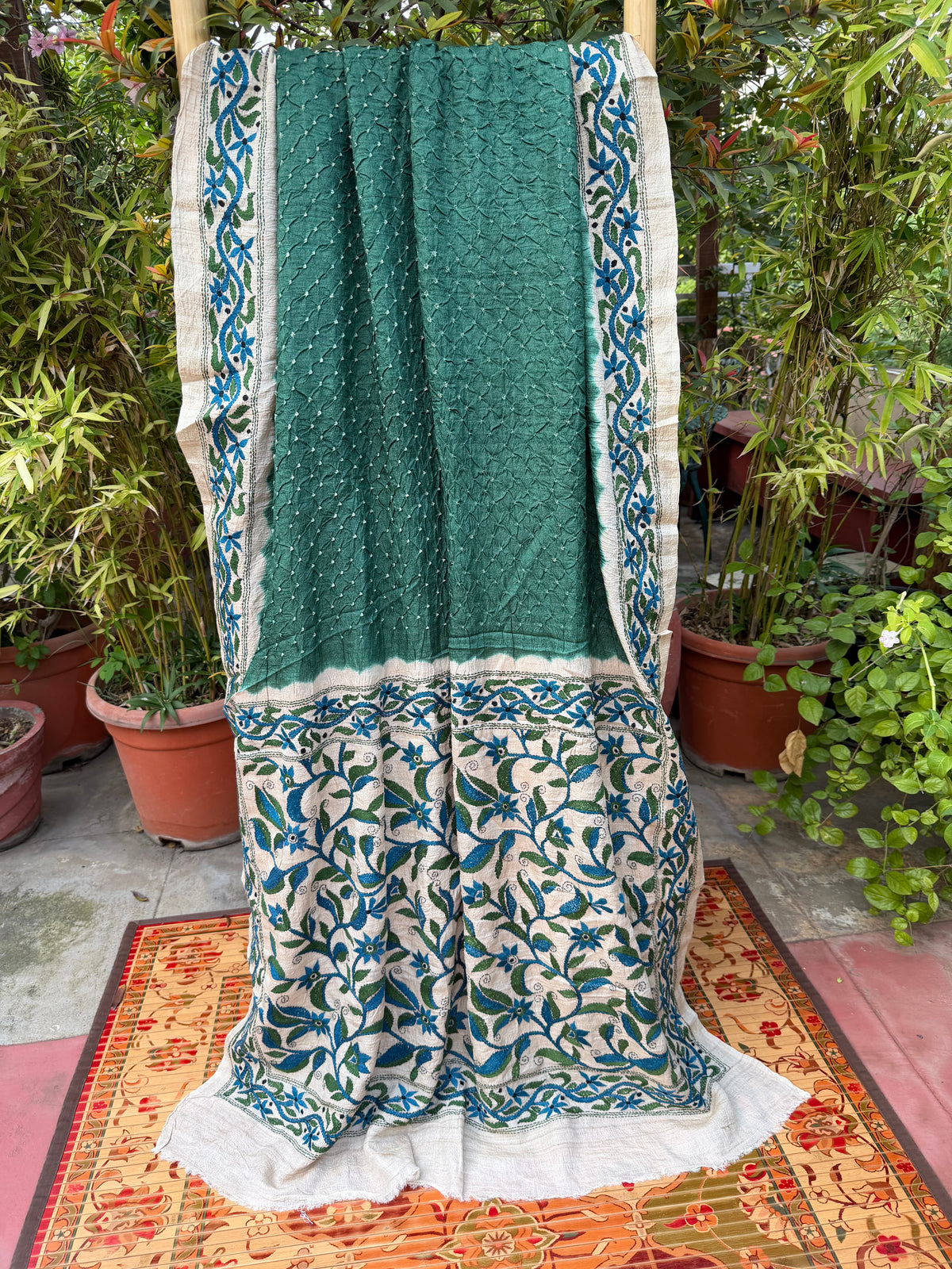 Tussar hand-knotted Bandhini with kantha embroidery