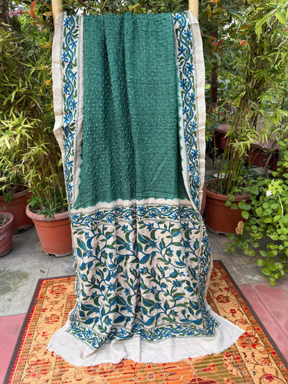 Tussar hand-knotted Bandhini with kantha embroidery