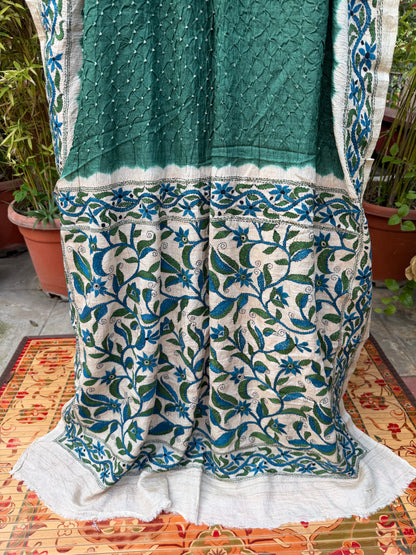 Tussar hand-knotted Bandhini with kantha embroidery