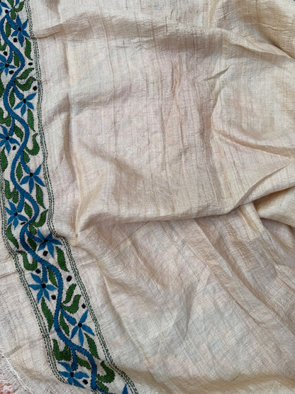 Tussar hand-knotted Bandhini with kantha embroidery