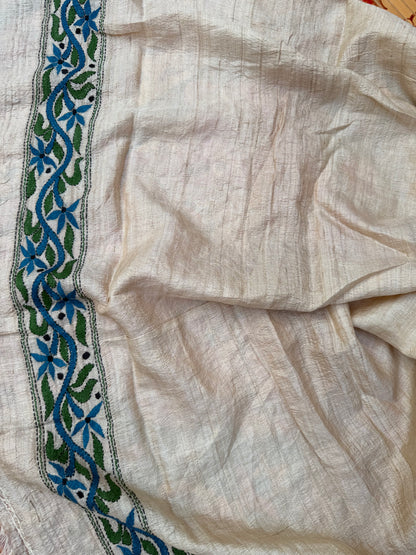 Tussar hand-knotted Bandhini with kantha embroidery