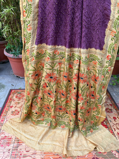 Tussar hand-knotted Bandhini with kantha embroidery