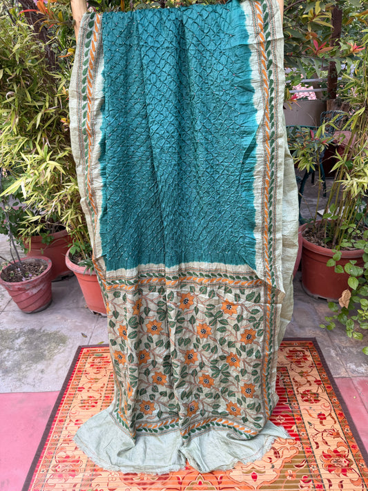 Tussar hand-knotted Bandhini with kantha embroidery