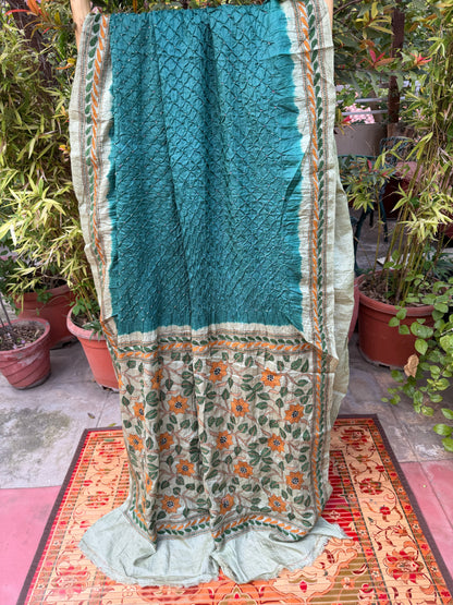 Tussar hand-knotted Bandhini with kantha embroidery