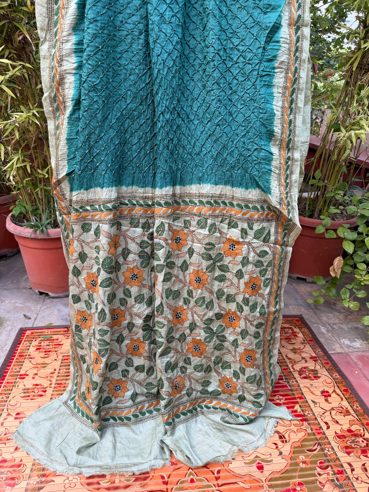 Tussar hand-knotted Bandhini with kantha embroidery