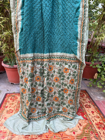 Tussar hand-knotted Bandhini with kantha embroidery
