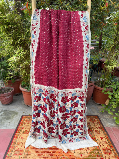 Tussar hand-knotted Bandhini with kantha embroidery
