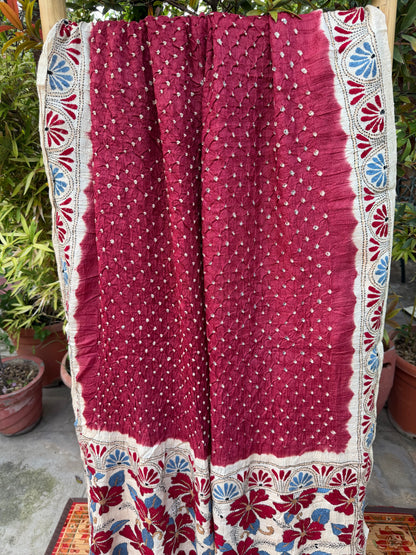 Tussar hand-knotted Bandhini with kantha embroidery