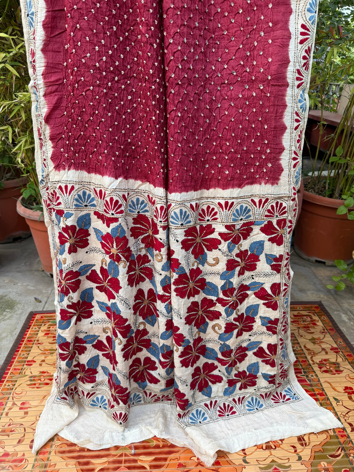 Tussar hand-knotted Bandhini with kantha embroidery