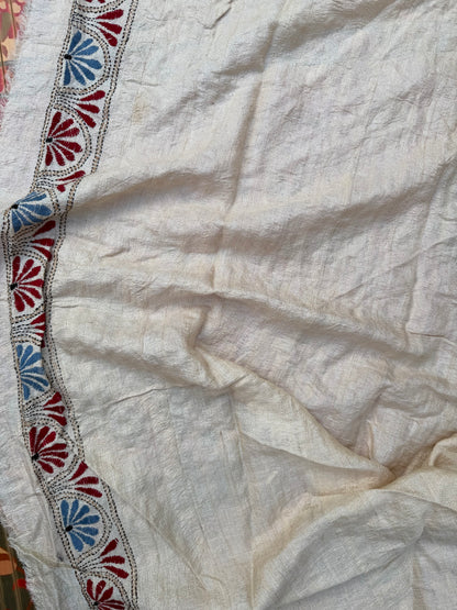 Tussar hand-knotted Bandhini with kantha embroidery