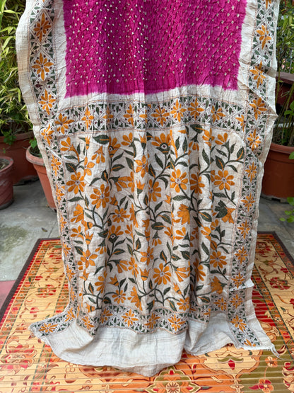 Tussar hand-knotted Bandhini with kantha embroidery
