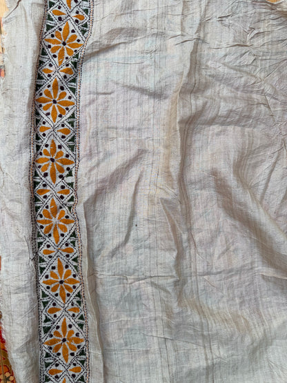 Tussar hand-knotted Bandhini with kantha embroidery