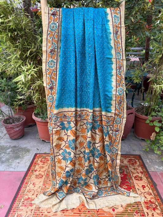 Tussar hand-knotted Bandhini with kantha embroidery