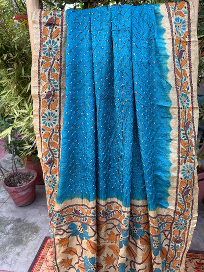 Tussar hand-knotted Bandhini with kantha embroidery