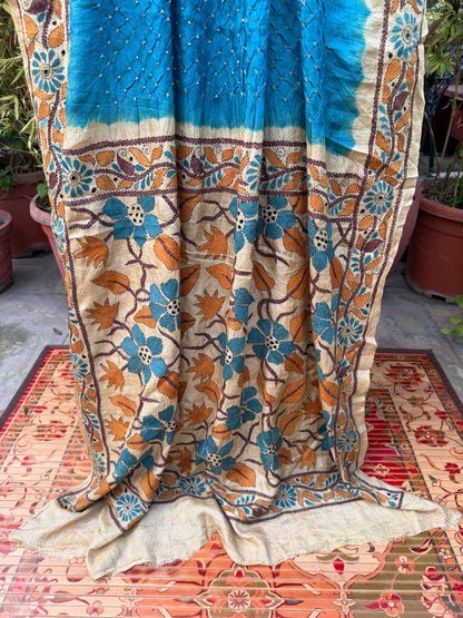 Tussar hand-knotted Bandhini with kantha embroidery