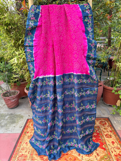 Tussar hand-knotted Bandhini with kantha embroidery