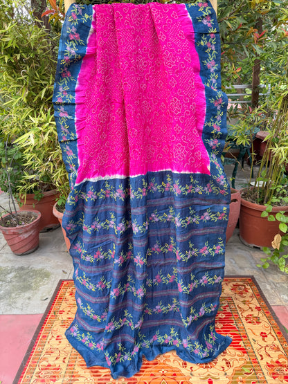 Tussar hand-knotted Bandhini with kantha embroidery