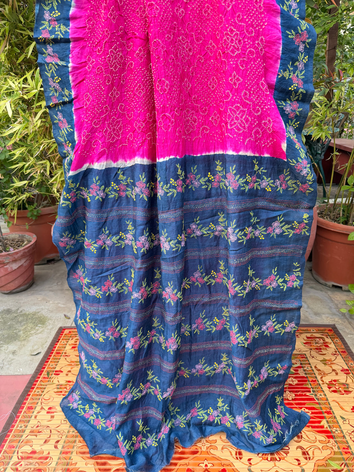 Tussar hand-knotted Bandhini with kantha embroidery