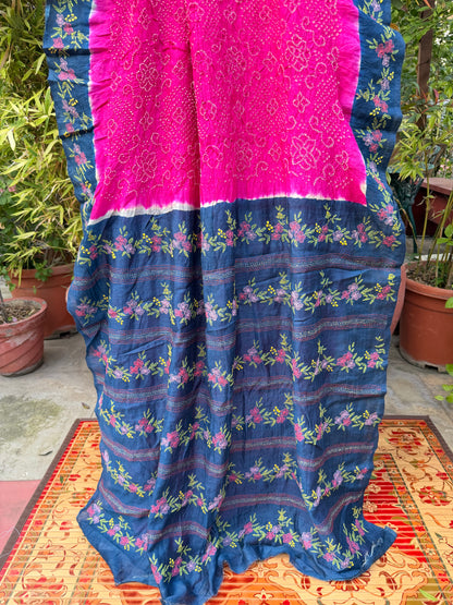Tussar hand-knotted Bandhini with kantha embroidery