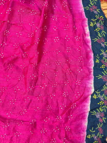 Tussar hand-knotted Bandhini with kantha embroidery