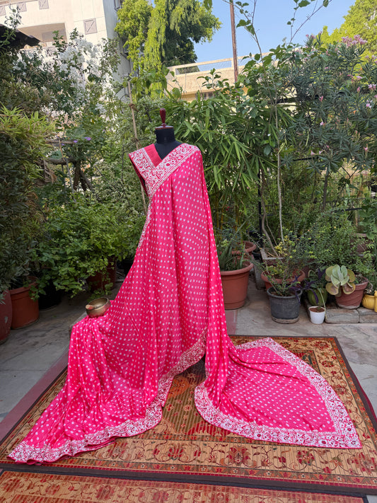 Gajji silk bandini with machine embroidery saree