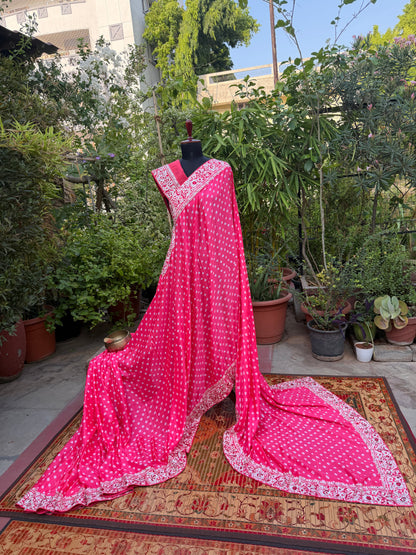 Gajji silk bandini with machine embroidery saree